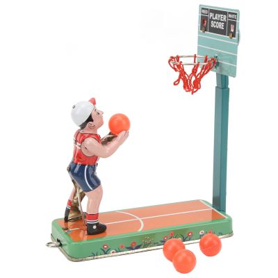 REXVTNS Vintage Tin Basketball Toy | Wind Up Clockwork Player with 4 Balls | Retro Present for BirthdayChristmas | Handcrafted Collectible