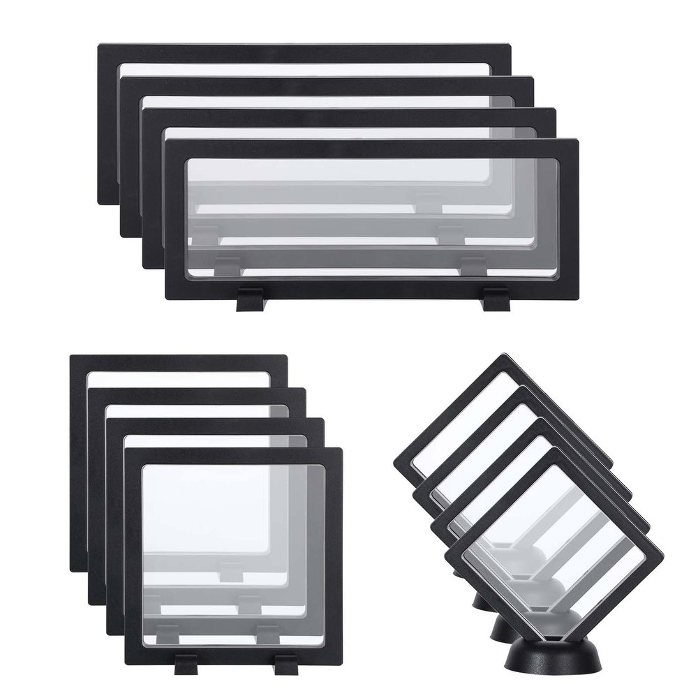 12 Pcs 3D Floating Frame Display Case, Challenge Coin Display Stand Holder Frames Transparent PE Jewelry Storage Box Large Suspension Frames for AA Medallions, Medal, Medallion, Stamps (Black)