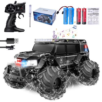 DFWGWO 1:14 RC Police Car Waterproof Amphibious Remote Control Police Car for Kids with Siren Lights Boys Girls Age 6 7 8 9 10 11 12 Gift Present(Black)