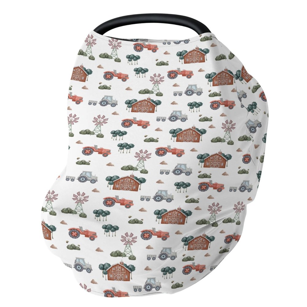 Boho Farm Life Car Seat Cover for Babies Stretchy 5-in-1 Covers Farmhouse Tractor Barn Trees Meadow Adjustable Infant Carseat Canopy Cover Country Farmyard Breathable Nursing Cover-Up