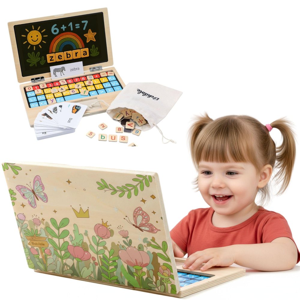 Montessori Toys 4 Year Old Girl Birthday Gifts 11.8" Floral Laptop, Homeschool Essentials, Educational Learning Pretend Play, Toddlers Toys, Customized Flashcards Learning