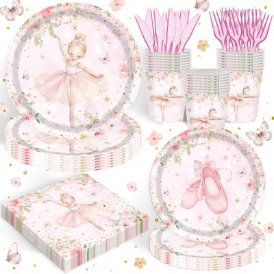 120PCS Ballerina Party Supplies for Girls Dancing Themed 1st 2nd Birthday Party Decorations Cute Pink Ballet Tutu Babyshower Tableware Set Paper Plates Napkins Cups Set for 20 Guests