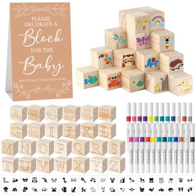 Aisharery 117 Pcs Baby Shower Blocks to Decorate Game Kit Includes 52 Wooden Blocks 24 Markers 1 Game Sign 40 Templates to Paint (Kraft)