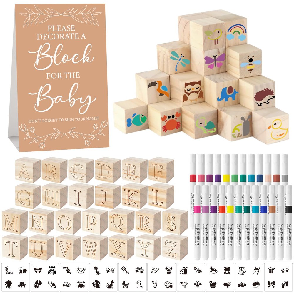 Aisharery 117 Pcs Baby Shower Blocks to Decorate Game Kit Includes 52 Wooden Blocks 24 Markers 1 Game Sign 40 Templates to Paint (Kraft)