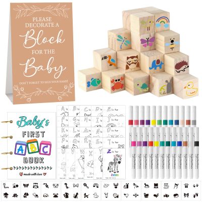 Aisharery 146 Pcs Baby Shower Game Sign Set Includes Decorative Square 54 DIY Blank Wooden Blocks 24 Paint Markers 27 Page Babys First ABC Book