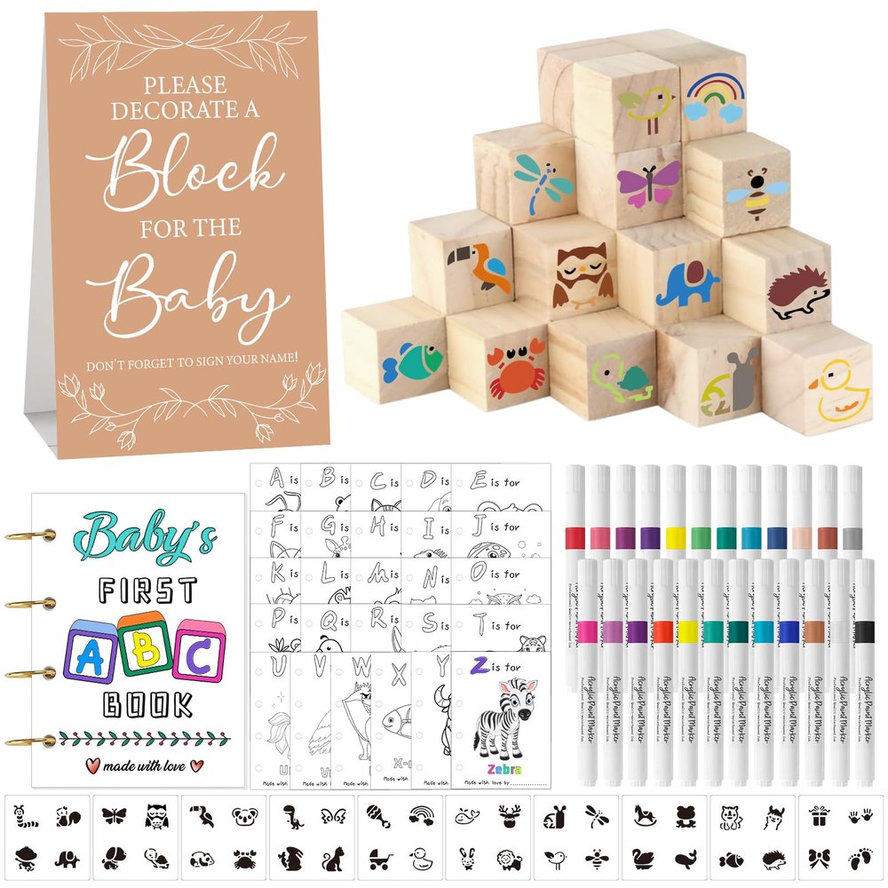 Aisharery 146 Pcs Baby Shower Game Sign Set Includes Decorative Square 54 DIY Blank Wooden Blocks 24 Paint Markers 27 Page Babys First ABC Book