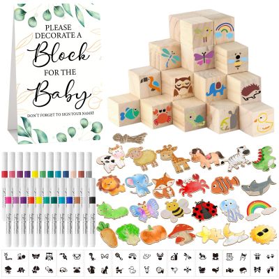 142 Pcs Baby Shower Game Sign Set Includes Decorative Square 52 DIY Blank Wooden Blocks 24 Paint Markers 25 Animal Woodcraft (Leaf)