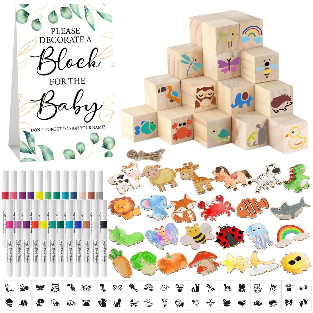 142 Pcs Baby Shower Game Sign Set Includes Decorative Square 52 DIY Blank Wooden Blocks 24 Paint Markers 25 Animal Woodcraft (Leaf)