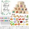 142 Pcs Baby Shower Game Sign Set Includes Decorative Square 52 DIY Blank Wooden Blocks 24 Paint Markers 25 Animal Woodcraft (Leaf) view 1
