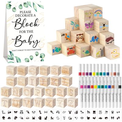 Aisharery 117 Pcs Baby Shower Blocks to Decorate Game Kit Includes 52 Wooden Blocks 24 Markers 1 Game Sign 40 Templates to Paint (Leaf)