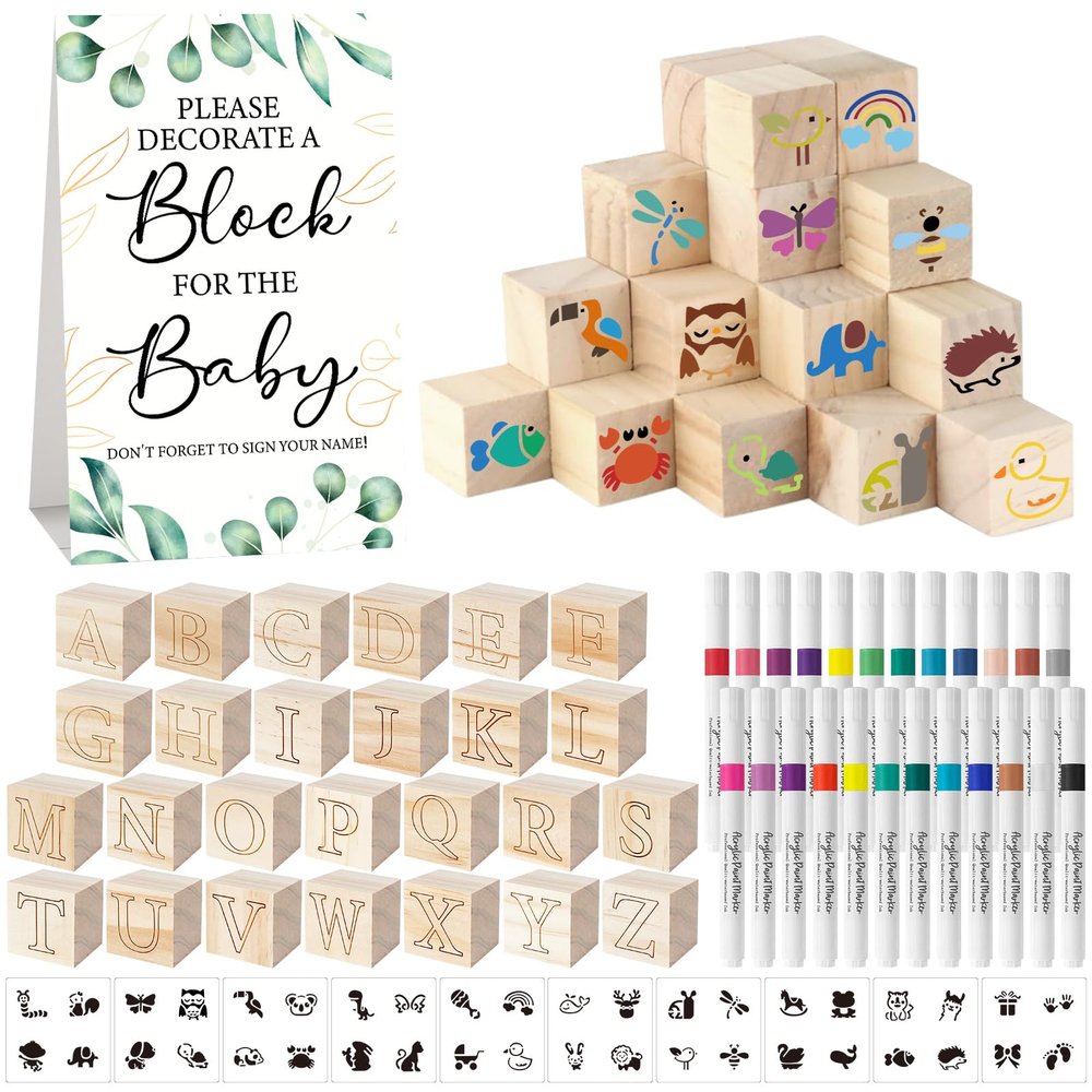 Aisharery 117 Pcs Baby Shower Blocks to Decorate Game Kit Includes 52 Wooden Blocks 24 Markers 1 Game Sign 40 Templates to Paint (Leaf)