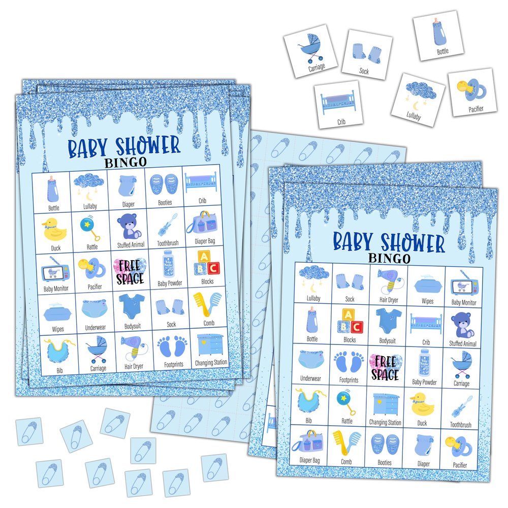 TCHOND Blue Glitter Bingo Game Cards for Adults, Bingo Cards for Family Holidays Friends, Ideal Gifts for Gender Reveal Party Games, 24 Players Birthday Party Supplies Favors, 02