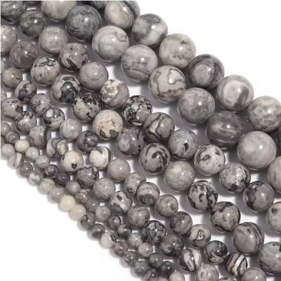 1 Strand Natural Grey Map Stone Bead Round Rock Beads for DIY Bracelet Necklace Making Beaded Findings 4/6/8/10/12mm,Grey,12mm(approx30pcs)