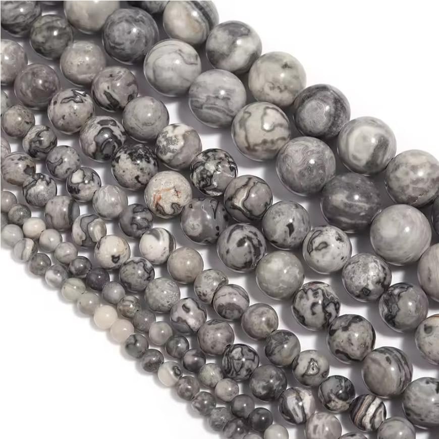 1 Strand Natural Grey Map Stone Bead Round Rock Beads for DIY Bracelet Necklace Making Beaded Findings 4/6/8/10/12mm,Grey,12mm(approx30pcs)