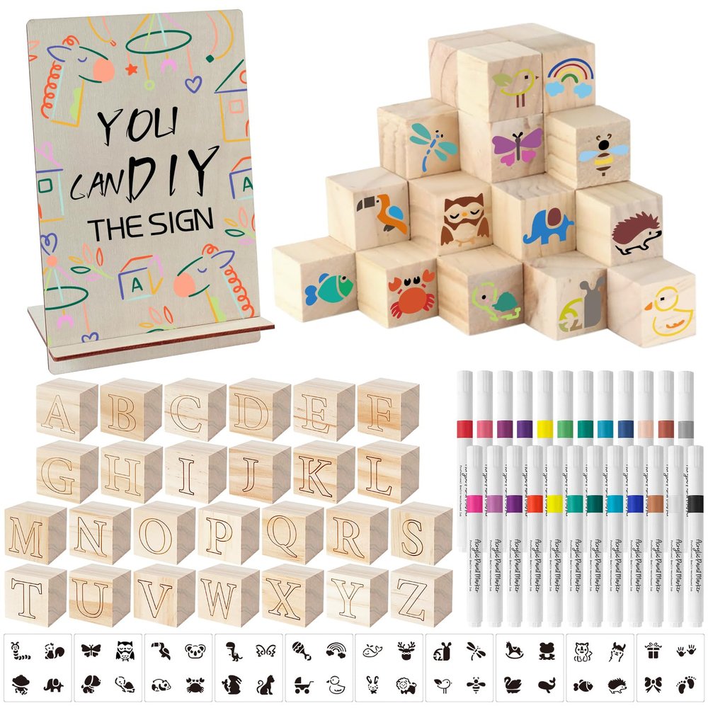 Aisharery 117 Pcs Baby Shower Blocks to Decorate Game Kit Includes 52 Wooden Blocks 24 Markers 1 Game Sign 40 Templates to Paint (Wood)