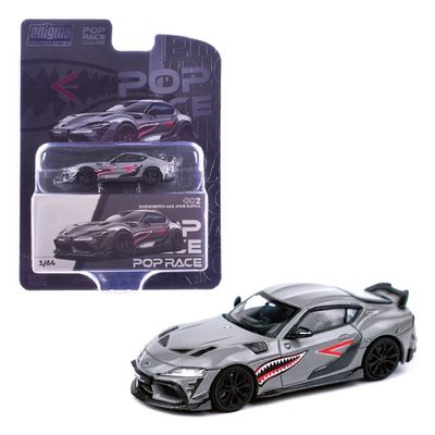 1:64 Diecast Model Car Compatible with Toyota Supra A90 Darwin Pro 66G NWB Gray Metallic with Shark Mouth Graphic Engima Exclusive Edition by Pop Race PR64-PRE002