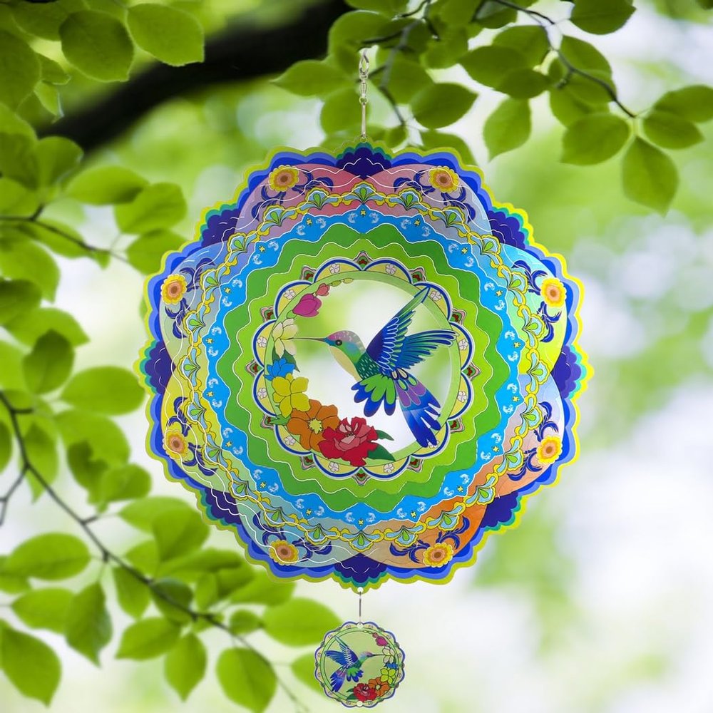 12 3D Hummingbird Wind Spinner, Stainless Steel Hanging Sculpture for Yard, Metal Art Decor for Indoor & Outdoor Use, Unique Gift for Balcony & Patio