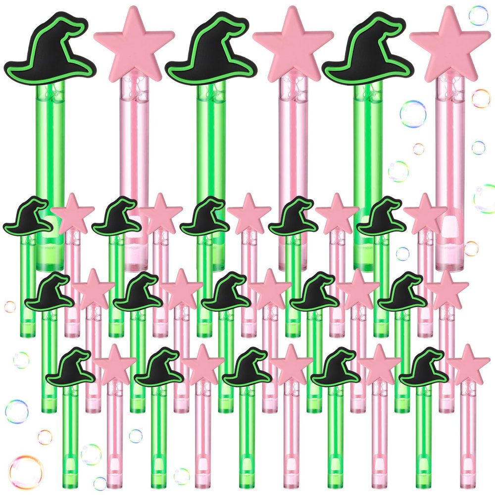 Civaner 36pcs Witch Party Favors Witch Hat and Star Bubble Wands Pink and Green Mini Bubble Wands Bulk for Summer Outdoor Birthday Gifts Prizes Carnival Goodie Bag Stuffers