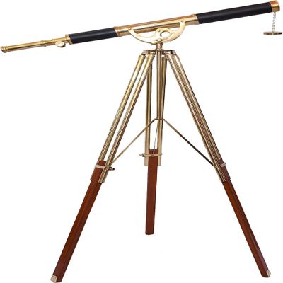 Handmade Maritime Vintage Shiny Brass Finish Designer Telescope Unique Black Leather Covered Tube Nautical Adjustable Brass/Wooden Floor Standing Tripod Home Collectible Items