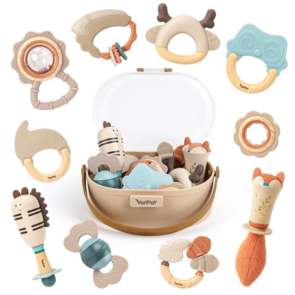 Baby Rattles & Teethers Set Baby Toys 0-6 Months, Teething Toys 3-6 Months, Sensory Toys with Soft Textures, Gentle Sounds & Easy-Grip Shape, Neutral Newborn Gift10-Pack