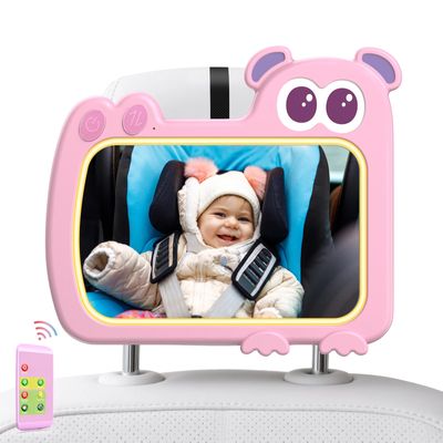 2-in-1 Baby Car Mirror with Lights & Soft Sounds, Cry Detector, Clear Night View, 360 Rotation, Shatterproof, Rear Facing Baby Car Seat Mirror with Remote Control, Perfect Baby Shower Gifts (Pink)