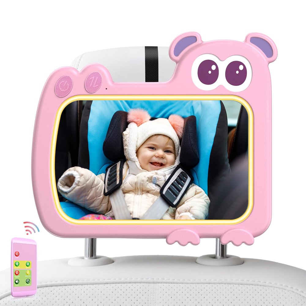 2-in-1 Baby Car Mirror with Lights & Soft Sounds, Cry Detector, Clear Night View, 360 Rotation, Shatterproof, Rear Facing Baby Car Seat Mirror with Remote Control, Perfect Baby Shower Gifts (Pink)