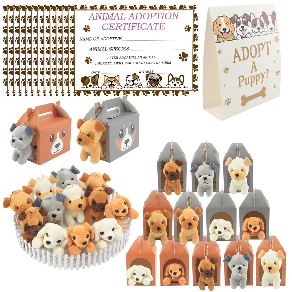 38 Pcs Adopt A Puppy Party Favors,Mini Safari Stuffed Animals Adopt A Pet Set Includes 12 Mini Dogs,12Paper Boxes,12 Adoption Cards 1 White Plastic Fence for Adopt A Pet Theme Birthday Party Valentine's Day Gifts