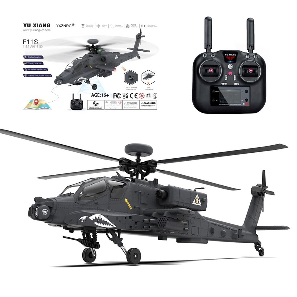 CRAFTLZ F11-S AH64 Remote Control Helicopter for 16+, RC Dual-axis Co-Drive Flybarless 6G/3D Stunt Apache Helicopter Model, Two Batteries (RTF GPS Smart Version)