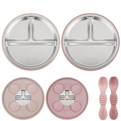 PandaEar Baby Feeding Set 4 Pcs, 2 Pack Stainless Steel Suction Plates & 2 Pack Spoons Set, Divided Plates for Baby Led Weaning Supplies, BPA-Free (Dark pink/Light pink)