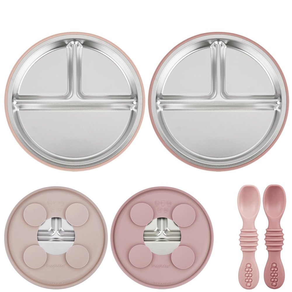 PandaEar Baby Feeding Set 4 Pcs, 2 Pack Stainless Steel Suction Plates & 2 Pack Spoons Set, Divided Plates for Baby Led Weaning Supplies, BPA-Free (Dark pink/Light pink)