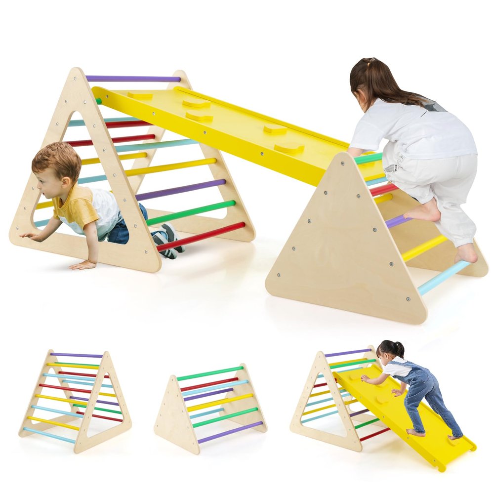 Costzon Climbing Toy for Toddlers, 3 Piece Montessori Wooden Triangle Climber w/2 Triangle Ladders & Ramp for Climbing, Kids Boys Girls Indoor Gym Playset Gift for Home, Daycare