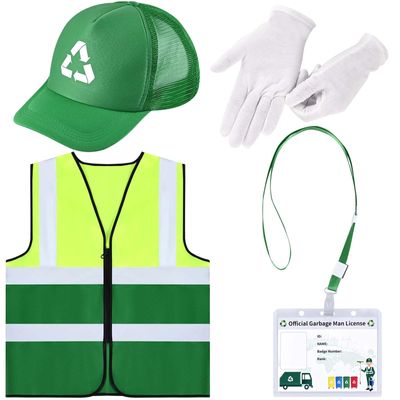 4 Pcs Waste Management Costume Kit Include Recycle Trash Vest Green Mesh Cap Garbage Truck ID Card Gloves