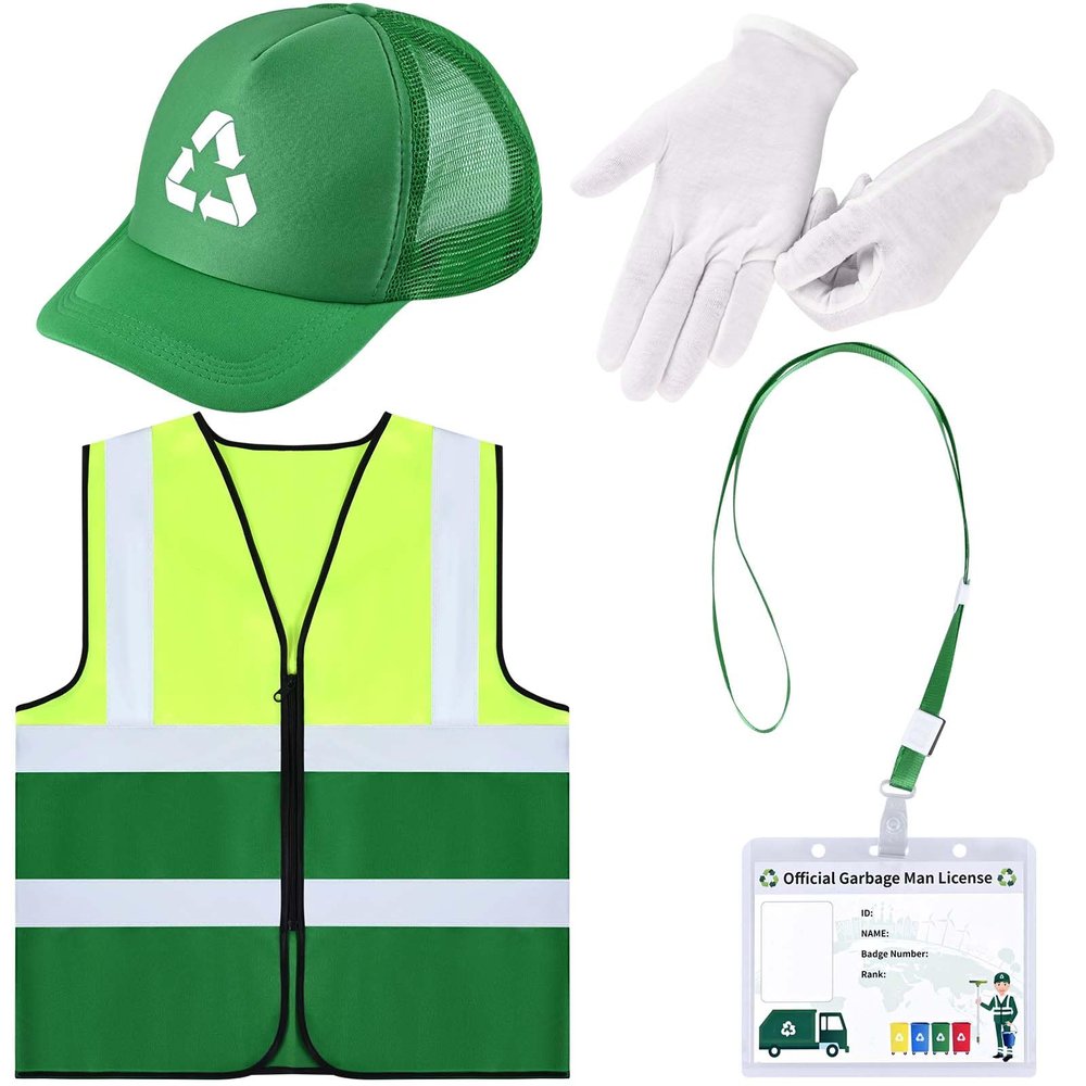 4 Pcs Waste Management Costume Kit Include Recycle Trash Vest Green Mesh Cap Garbage Truck ID Card Gloves
