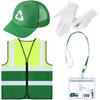 4 Pcs Waste Management Costume Kit Include Recycle Trash Vest Green Mesh Cap Garbage Truck ID Card Gloves view 1