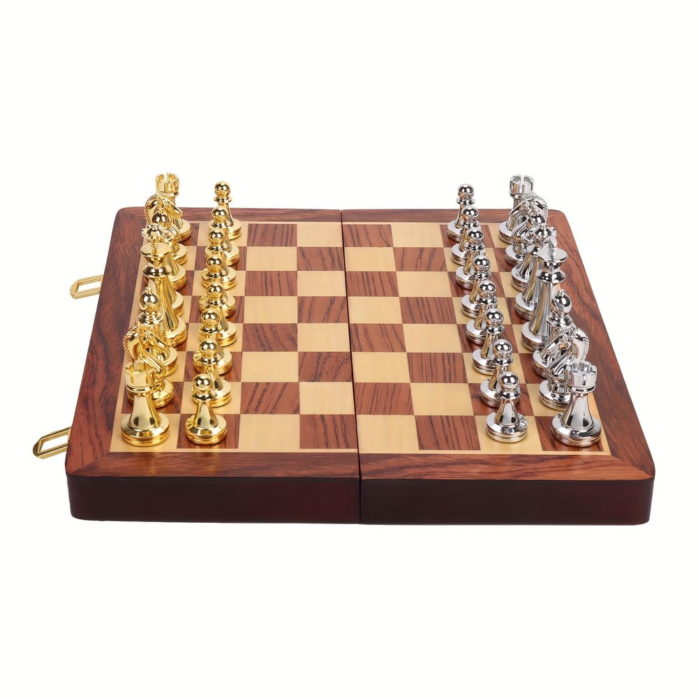 15-Inch Metal Chess Set with Wooden Storage Box - Folding Travel Board, Alloy Chess Pieces for Adults, Strategy Game & Home Decor