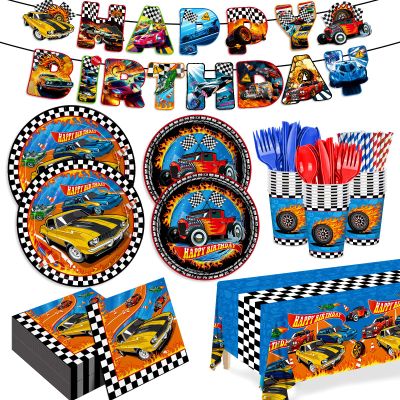 194pcs Birthday Party Decorations Supplies Race Car Plates Napkins Banner Tablecloth Disposable Paper Cups Straws Tableware Set for Kids Boys Birthday Decor 24 Guests