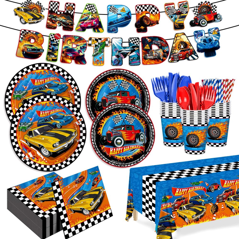 194pcs Birthday Party Decorations Supplies Race Car Plates Napkins Banner Tablecloth Disposable Paper Cups Straws Tableware Set for Kids Boys Birthday Decor 24 Guests