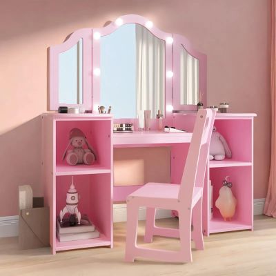 Kids Vanity Table and Chair Set, Girls Vanity Set with Princess Makeup Desk & Stool, Touch Light Tri-Folding Mirror Wooden Kid Makeup Dressing Table with Storage Shelves for Bedroom, Pink