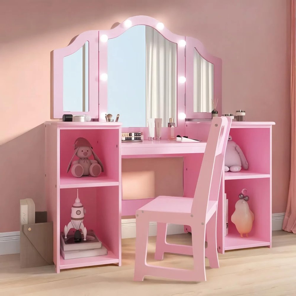 Kids Vanity Table and Chair Set, Girls Vanity Set with Princess Makeup Desk & Stool, Touch Light Tri-Folding Mirror Wooden Kid Makeup Dressing Table with Storage Shelves for Bedroom, Pink