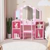 Kids Vanity Table and Chair Set, Girls Vanity Set with Princess Makeup Desk & Stool, Touch Light Tri-Folding Mirror Wooden Kid Makeup Dressing Table with Storage Shelves for Bedroom, Pink view 2