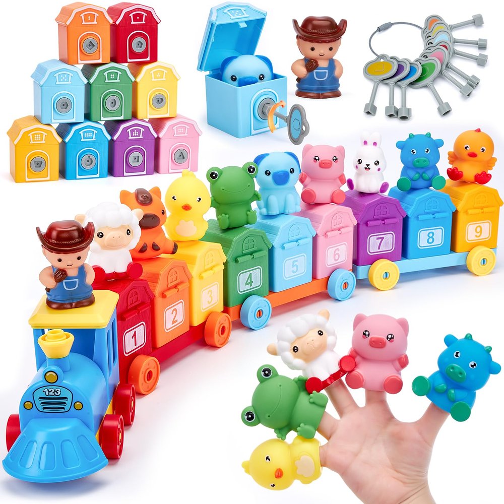 Toddler Learning Toys for 2 3 Year Old-Counting Matching & Sorting Activity Montessori Train Set with Farm Animals Finger Puppets Keys to Lock and Unlock Barn Valentine Birthday Easter Basket Stuffers