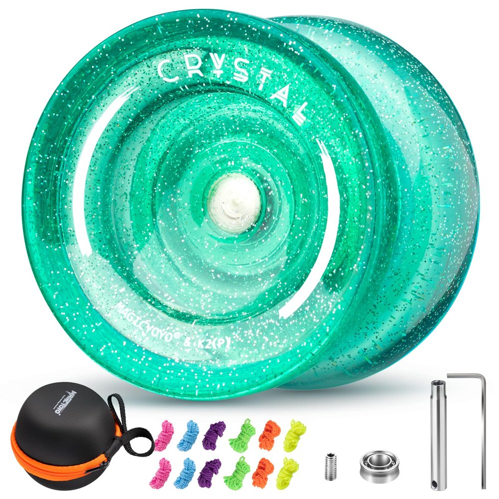 MAGICYOYO K2 Crystal Green Glitter Clear Yoyo, Finger Spin Trick Yoyo for Kids 8-12, Professional Unresponsive/Responsive Convertible Yo-Yo with 12 Strings + Ball Case Bag(Glitter Green)