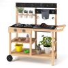HONEY JOY Mud Kitchen with Wheels, Fir Wood Outside Play Kitchen for Toddlers, Realistic Faucet & Water Tank, Stoves, Sink, Storage Shelf, Planter Cups, Mud Table for Kids Outdoor Backyard view 1