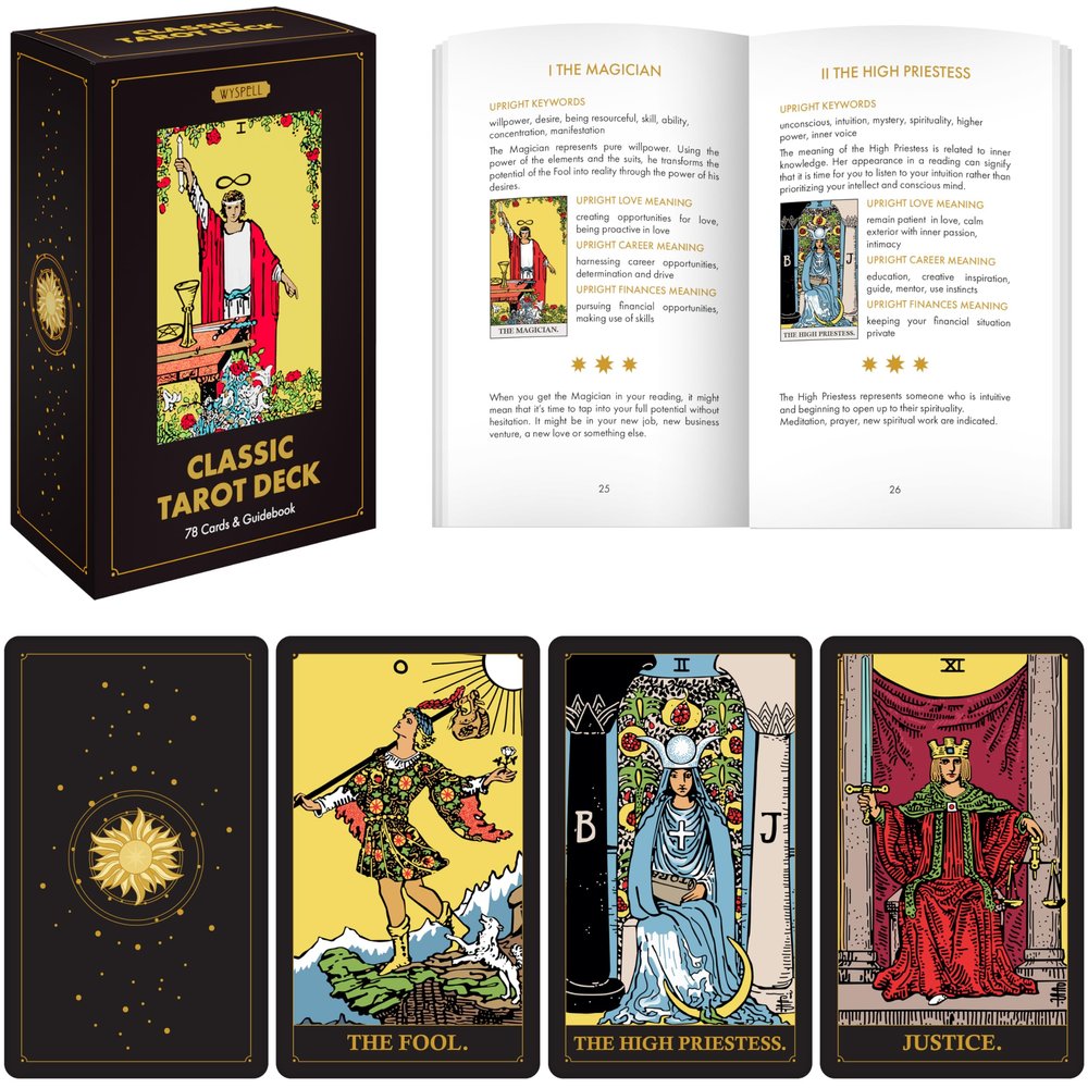 Wyspell Classic Tarot Cards for Beginners - Original Tarot Cards with Guide Book - Beginner Tarot Deck (Dark)