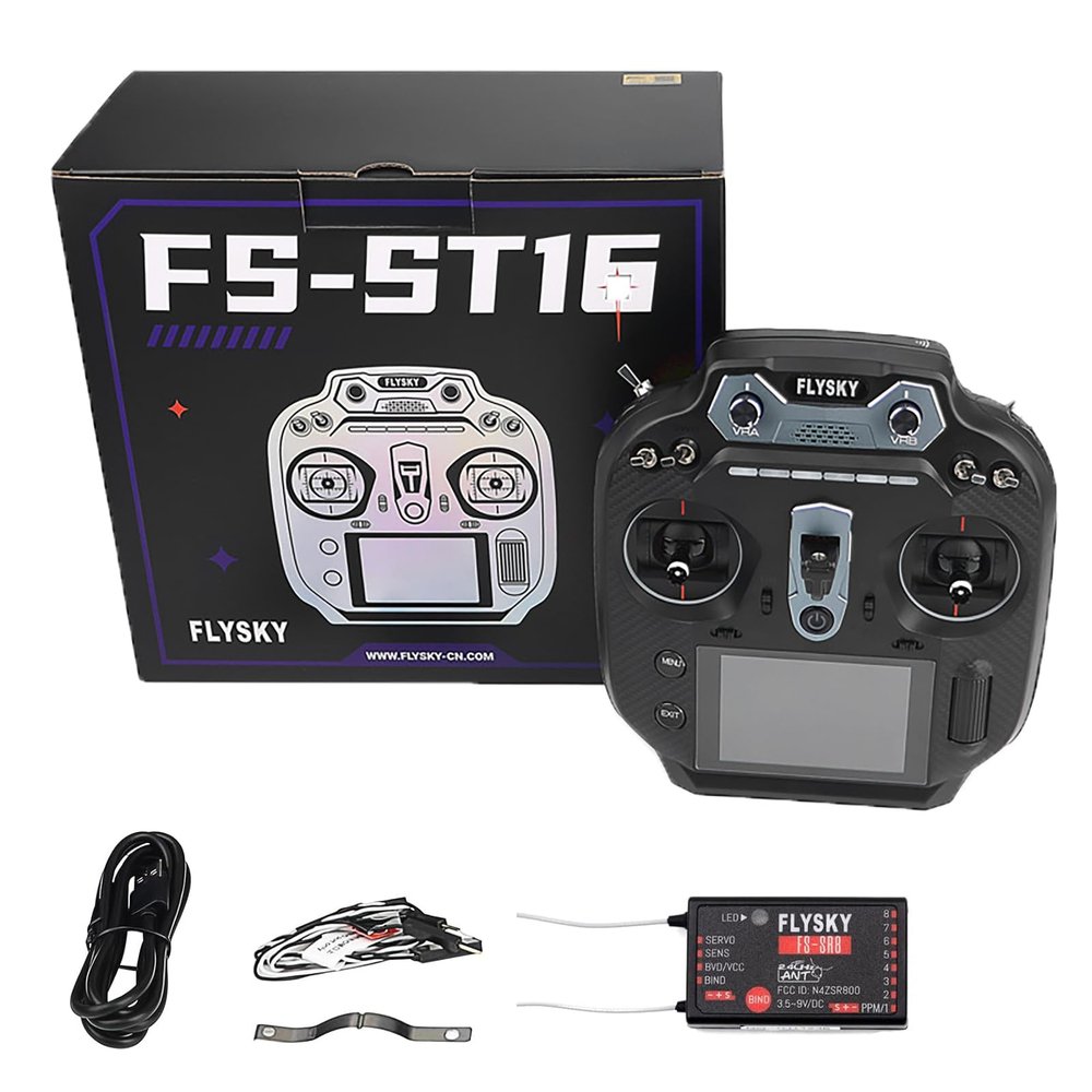Hylukon Flysky FS-ST16 16CH 2.4GHz RC Transmitter and FS-SR8 Receiver, 3.5 Inch IPS Screen Transmitter with Receiver Set for Remote Control Plane Car Boat (Black)