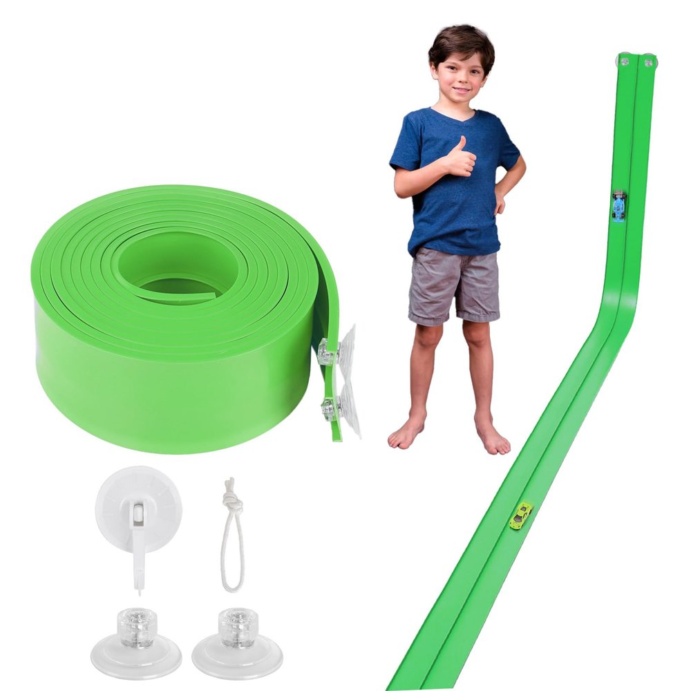 Flexible Race Car Track 15 Ft Starter Set with Suction Cups Compatible with Diecast 1/64th Car for Ages 3 & Up Classic Blue and Red Double Track Long Rolls Up Portable (Green)