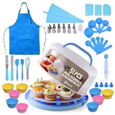 Perlli Kids Cake & Cupcake Baking Set  51 Pieces Real Utensils & Decorating Kit with Carrier Safe Baking Supplies Gift for Junior Chefs Girls & Boys (Blue)