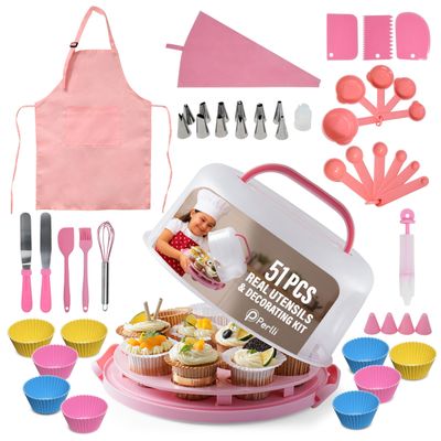 Perlli Kids Cake & Cupcake Baking Set 51 Pieces Real Utensils & Decorating Kit with Carrier Safe Baking Supplies Gift for Junior Chefs Girls & Boys (Pink)