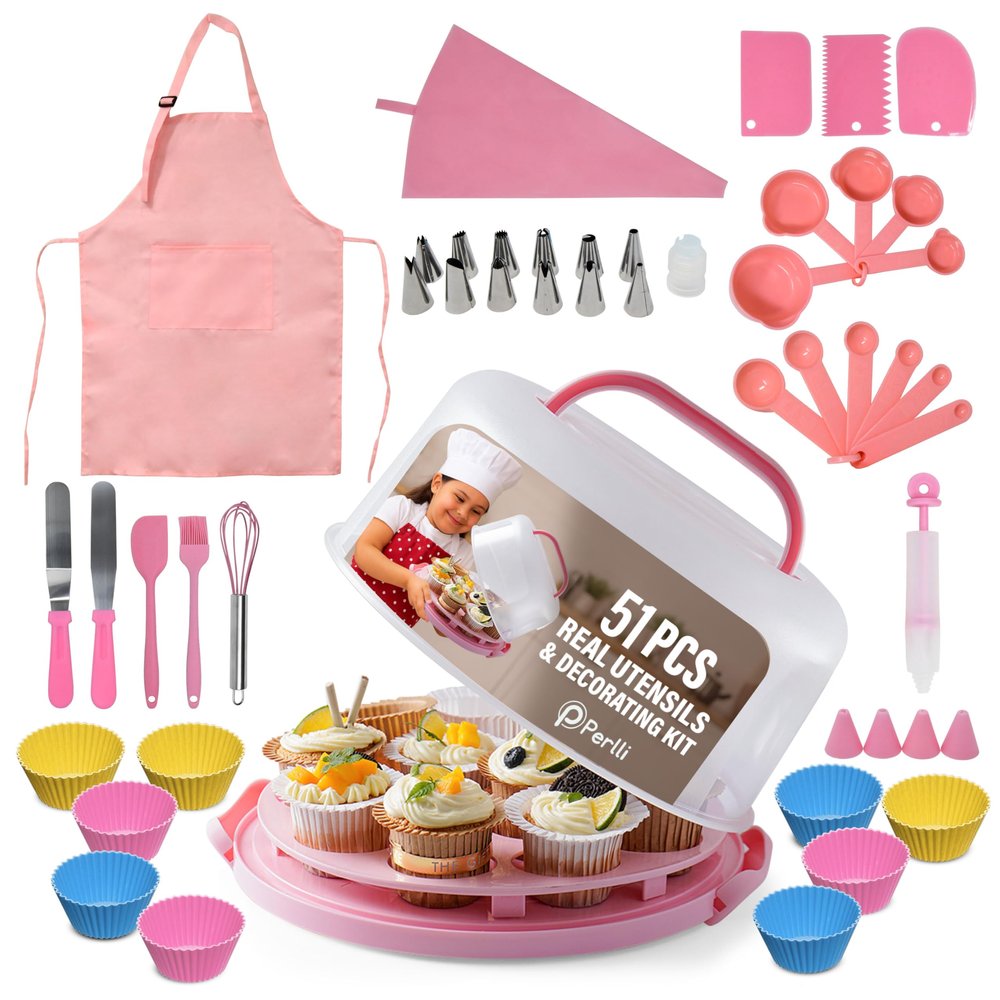Perlli Kids Cake & Cupcake Baking Set 51 Pieces Real Utensils & Decorating Kit with Carrier Safe Baking Supplies Gift for Junior Chefs Girls & Boys (Pink)
