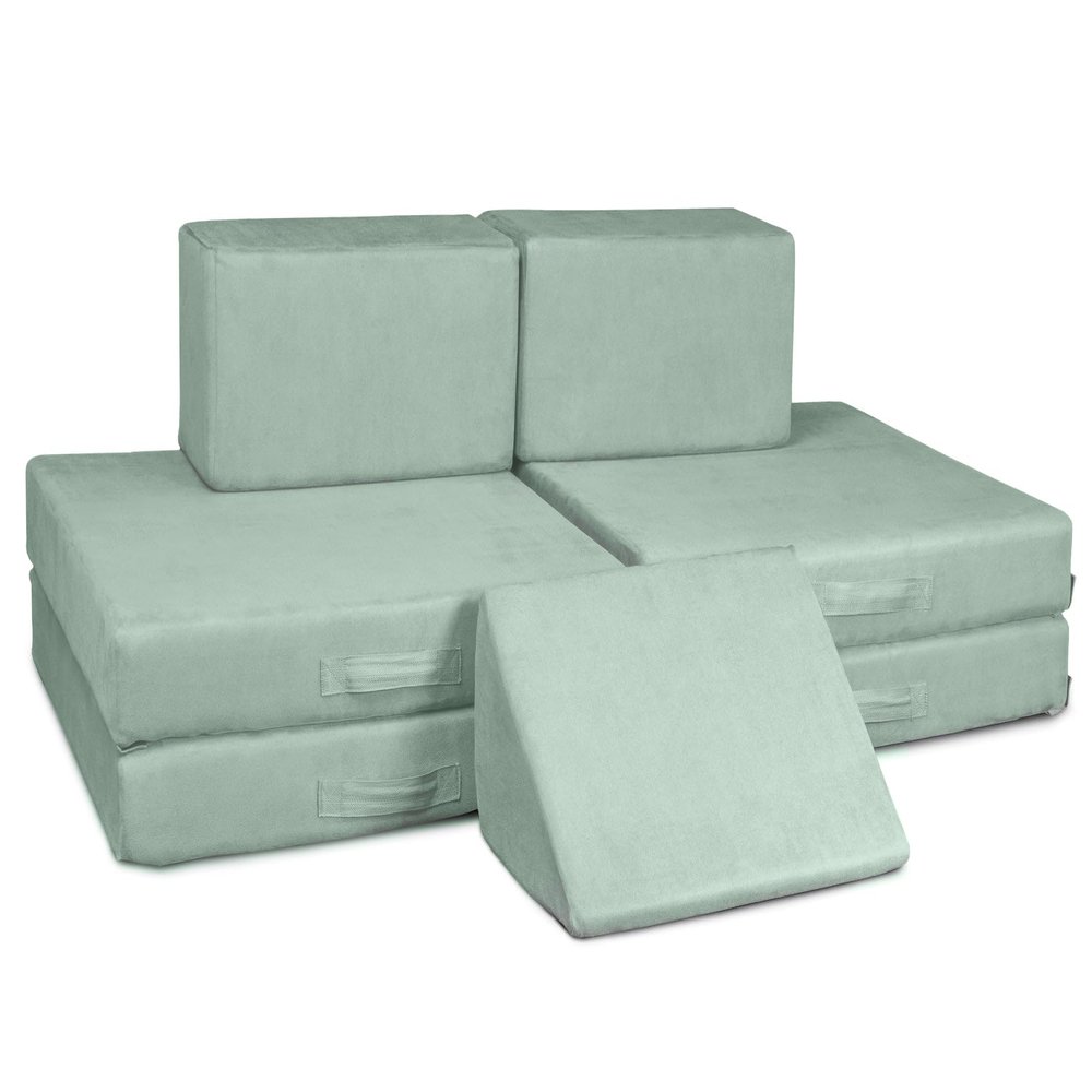The Figgy 7 Piece Modular Play Couch for Kids- Washable, Waterproof, American Made, Sturdy, Hook and Loop Connectors, Oeko-TEX Certified, Montessori Toy Sofa, Indoor Climbing & Fort Playset- Sagebrush